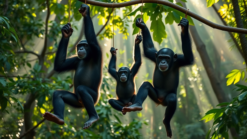 Playful chimpanzees swinging in the lush jungles of Kibale National Park—adventure activities Uganda