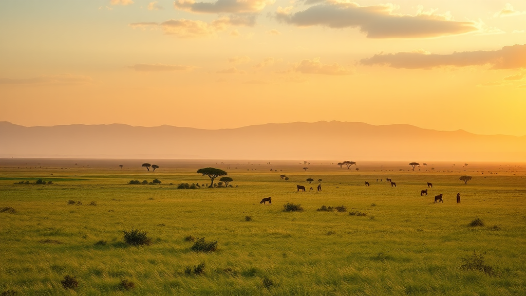 lush African savannah landscape bathed in golden morning light, showcasing Uganda's natural beauty and top tourist attractions