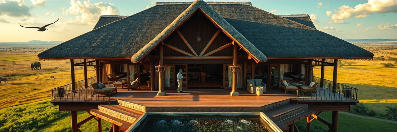 Luxury safari lodge hotel in Uganda with panoramic savannah views and wildlife.