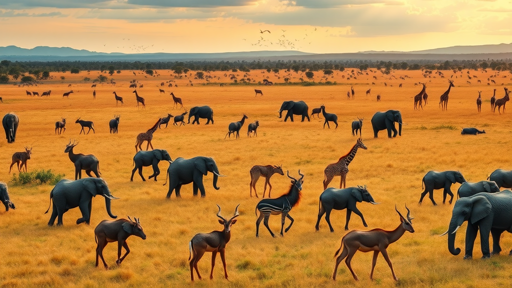 Ugandan savanna landscape with elephants, antelope, giraffes - wildlife in Uganda