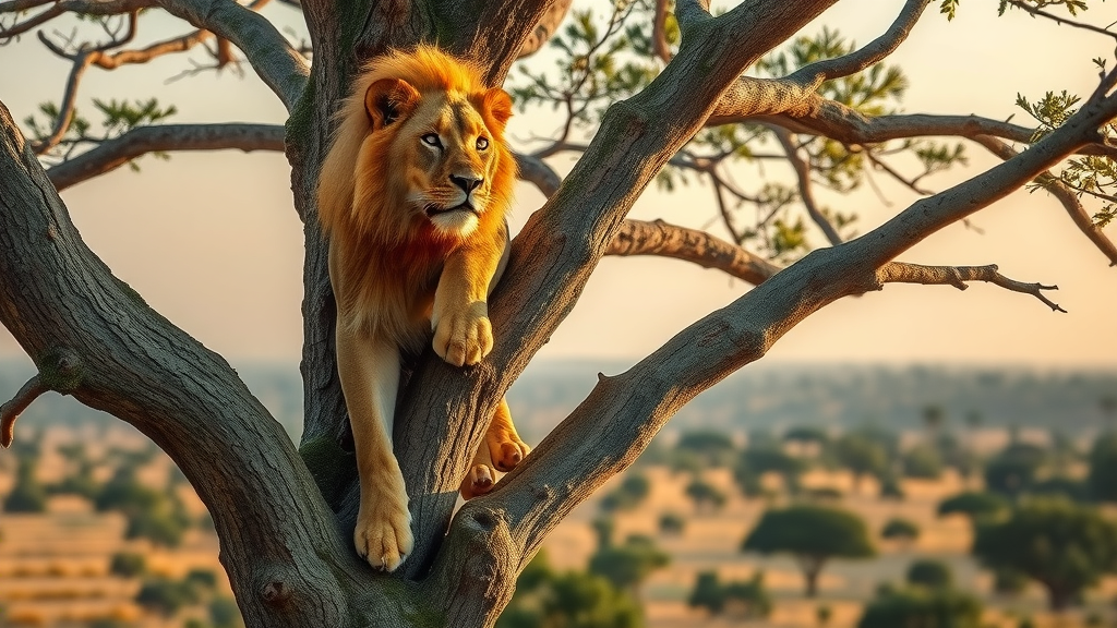 Tree-climbing lion in Queen Elizabeth National Park, wildlife in Uganda