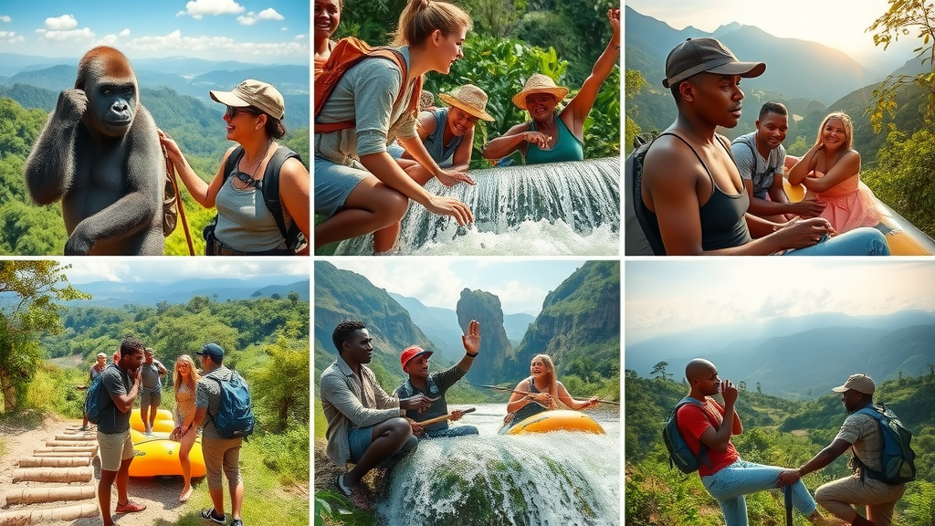 Collage of Uganda's best adventure activities—gorilla trekking, rafting, safaris, and cultural experiences