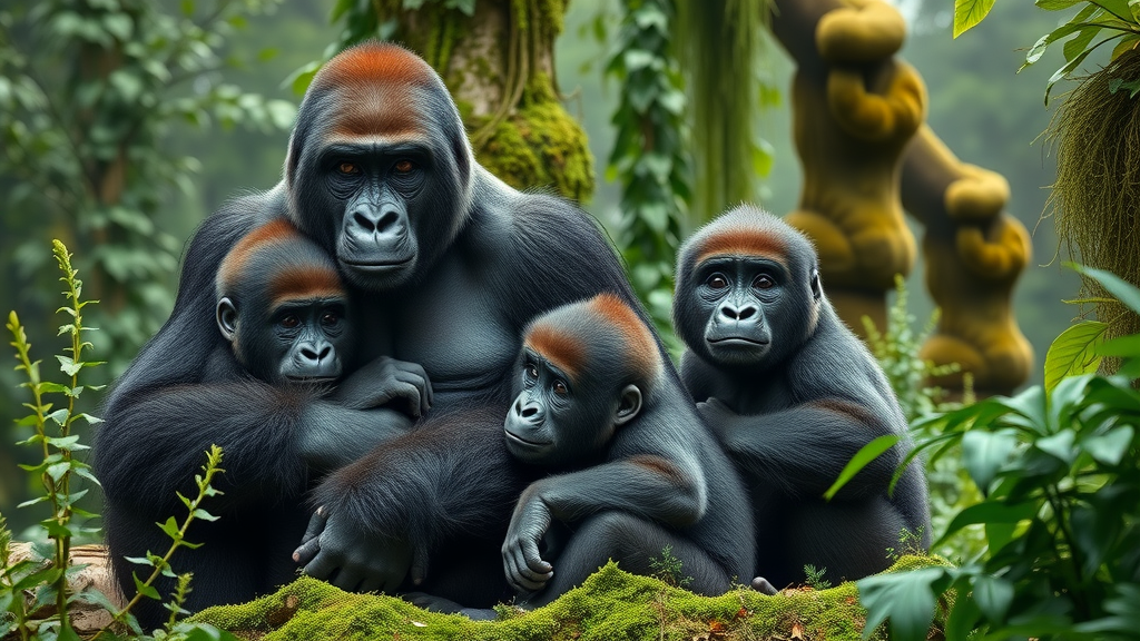 Mountain gorilla family in Bwindi Impenetrable National Park, wildlife in Uganda
