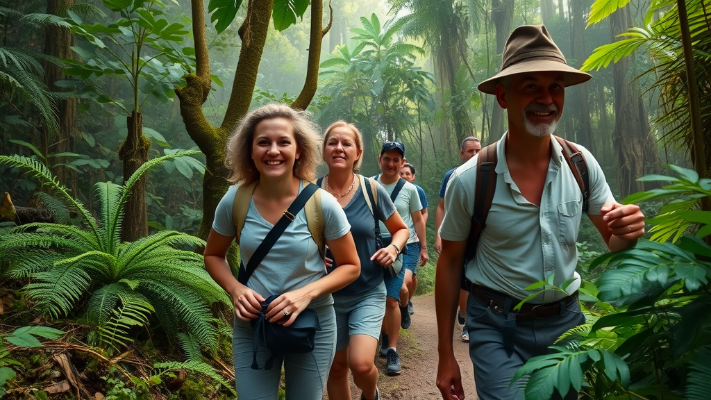 Tourists trekking with safari guide in Bwindi Impenetrable Forest, wildlife in Uganda