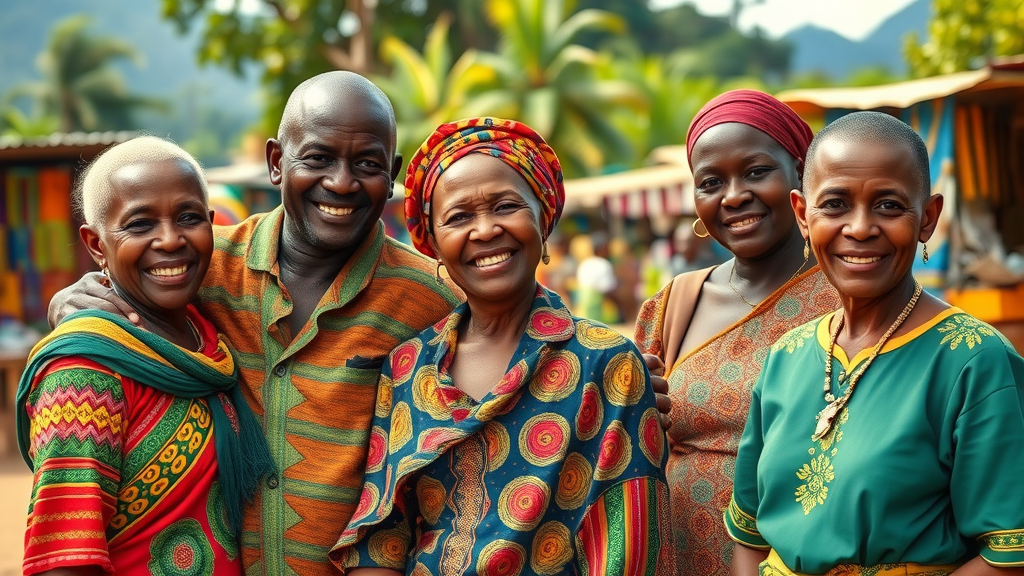 multi-generational Ugandan family engaged in cultural experiences in Uganda in traditional dress outdoors at a lively village market, lush greenery and crafts, Africa