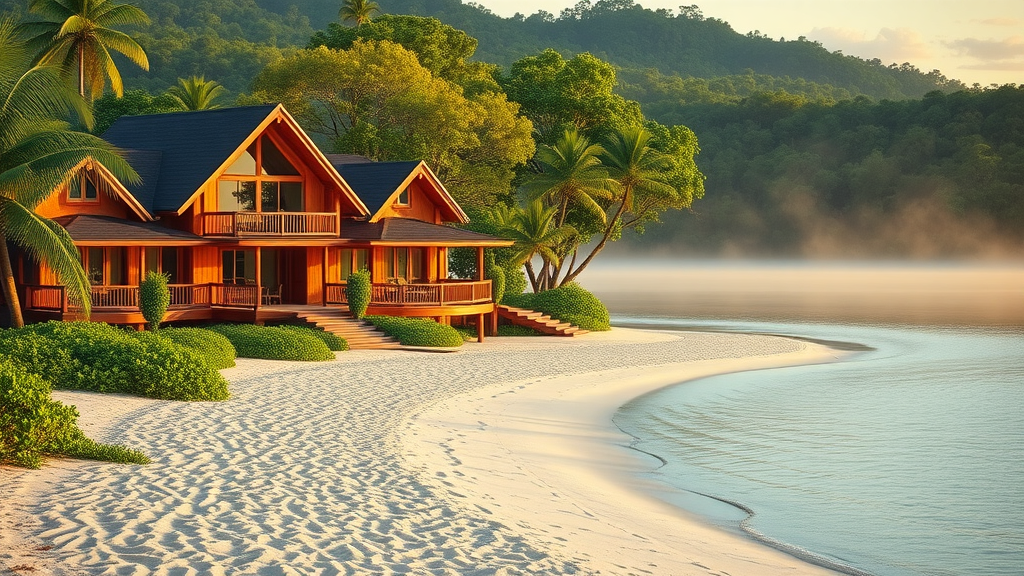 Luxurious safari lodge hotel Uganda on Lake Victoria surrounded by green forest and beach