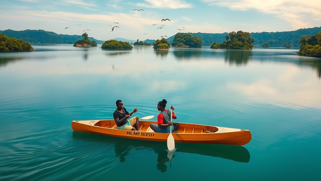 Canoeists paddling peacefully among the islands of Lake Bunyonyi—tranquil adventure activities Uganda