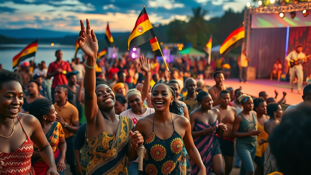Energetic outdoor musical festival with diverse crowd celebrating cultural experiences in Uganda; traditional and modern music, vibrant costumes, riverside, flags, amazing ambiance