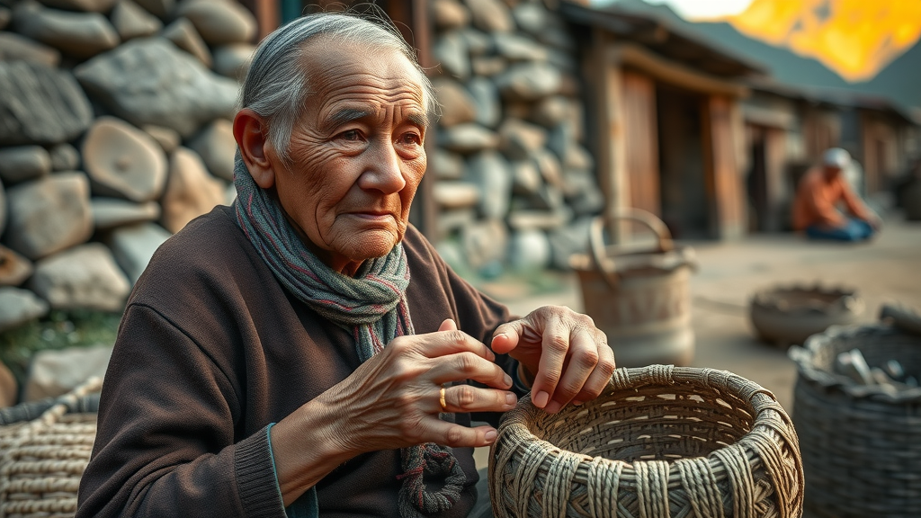 Serene portrait of an Ik elder weaving baskets; ik people and their cultural heritage in Northern Uganda