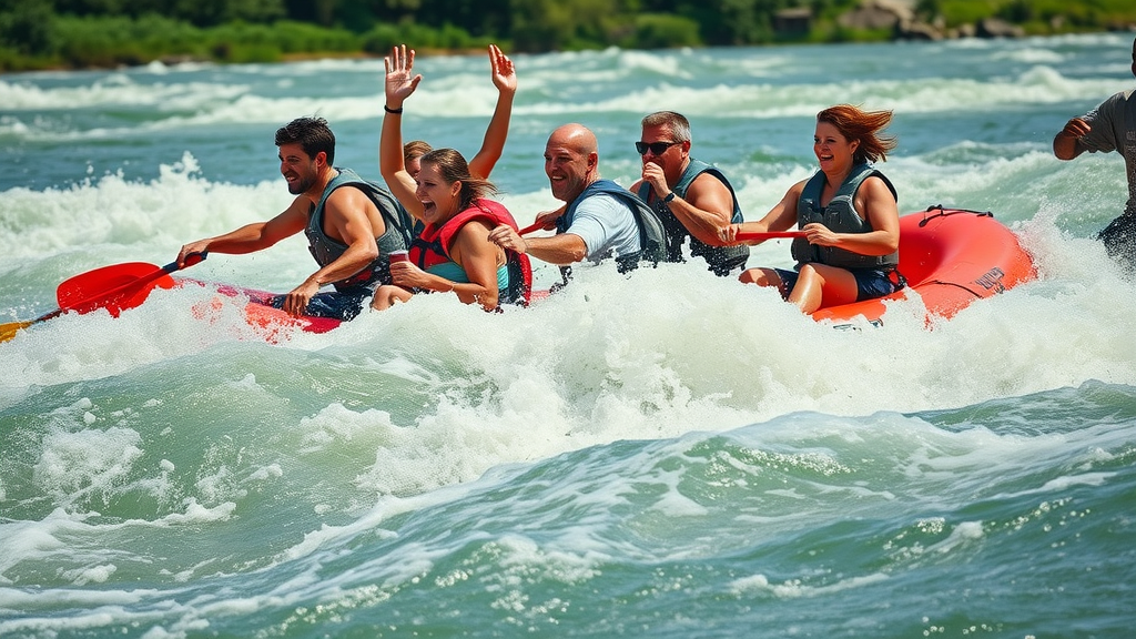 Excited rafters navigating the rapids of the Nile River—white water rafting adventure activities Uganda