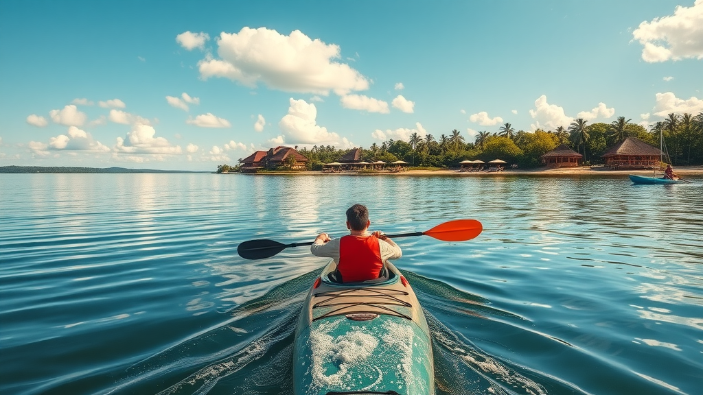 Adventure at safari lodge hotel Uganda kayaking on Lake Victoria towards lush shore