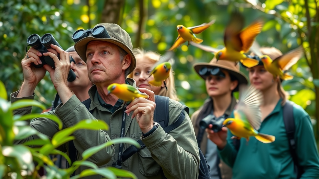 Birdwatchers observing vivid birds in the forest trails of Bwindi Impenetrable National Park—nature walks adventure activities Uganda