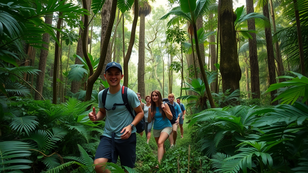 tourists trekking through Bwindi Impenetrable National Park jungle searching for mountain gorillas, a unique Uganda adventure