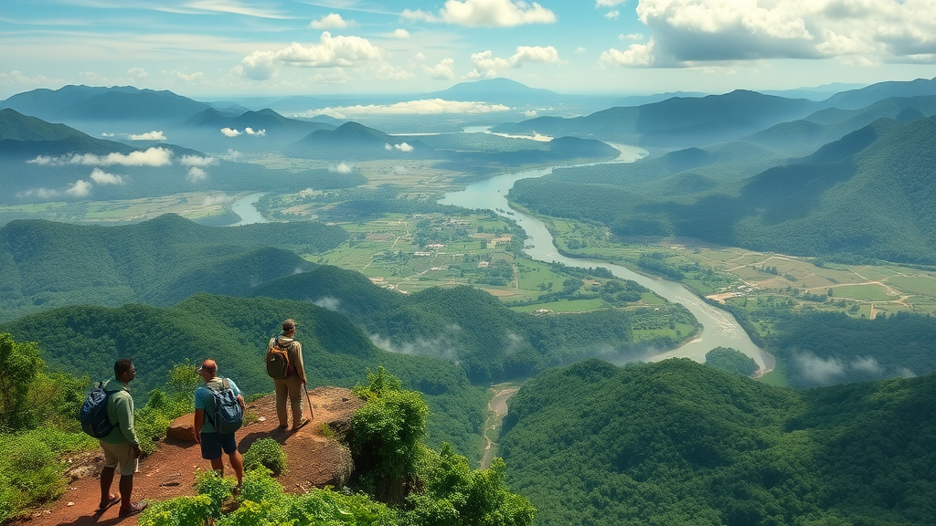 Aerial panorama of Uganda's lush mountains and rivers, with hikers marveling at the wilderness—adventure activities Uganda