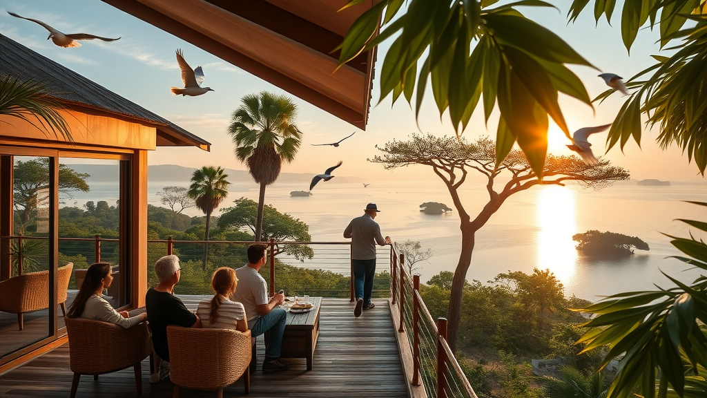 Tranquil safari lodge hotel Uganda guests on balcony overlooking Ssese Islands sunset