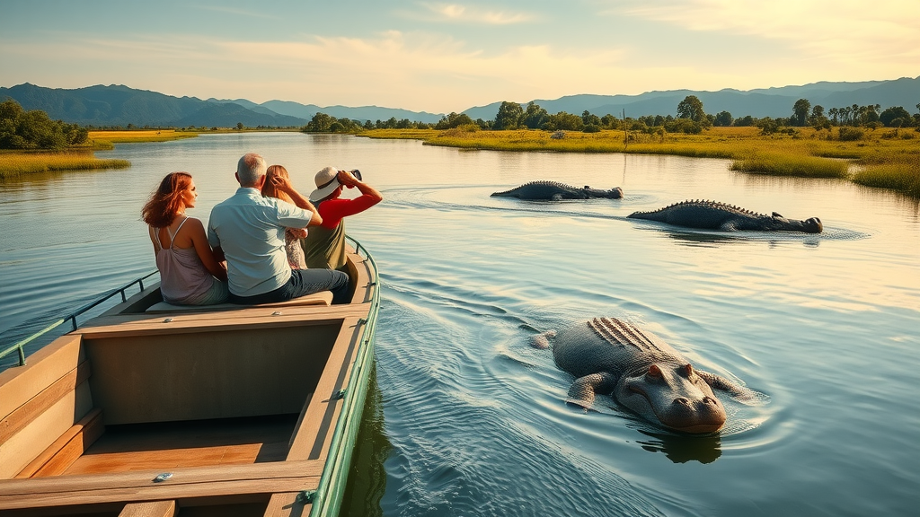 Safari boat cruise on the Kazinga Channel, travelers watching hippos and crocodiles—adventure activities Uganda