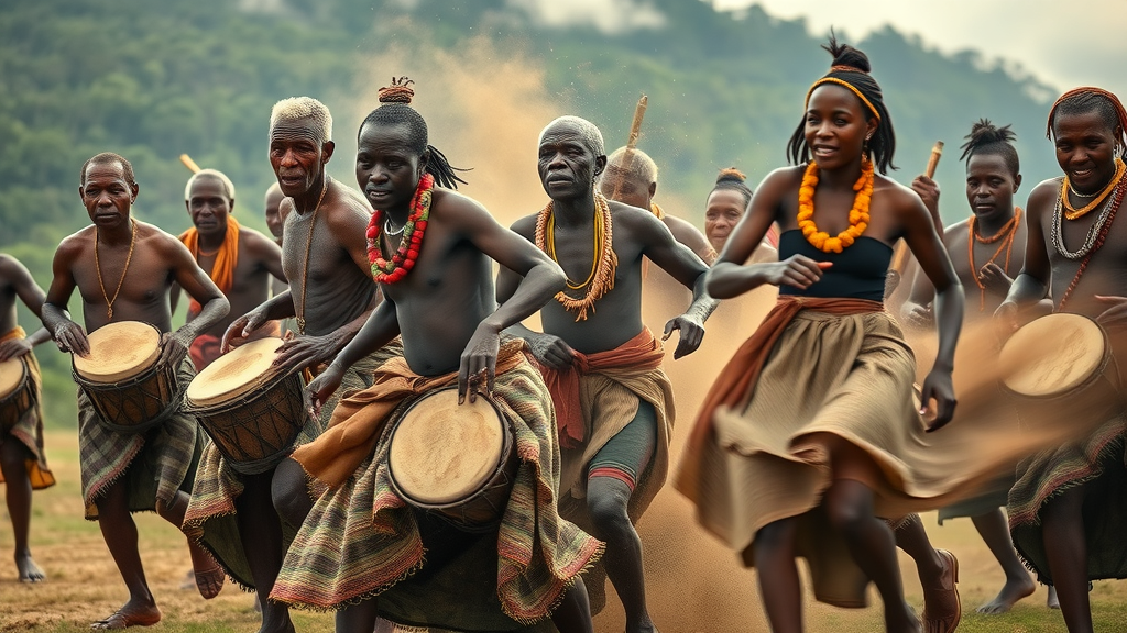 Batwa elders and youth performing a traditional dance in Bwindi Impenetrable National Park; batwa cultural experience in Uganda