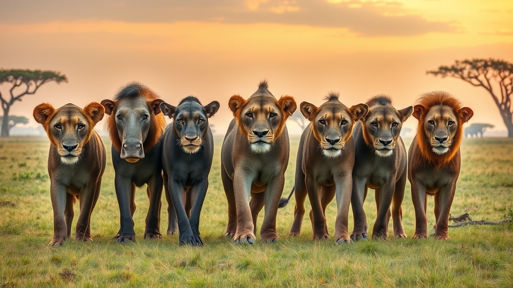 Uganda's Big 5 animals on the savanna at sunrise, wildlife in Uganda