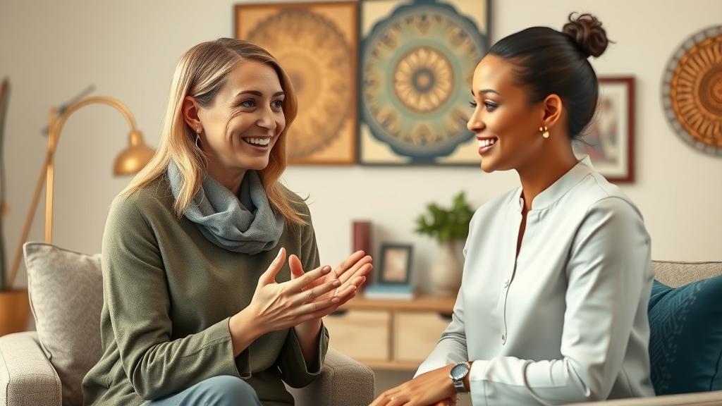 friendly wellness professional consulting with a client at Kampala wellness center, positive and reassuring interaction, cultural art in background