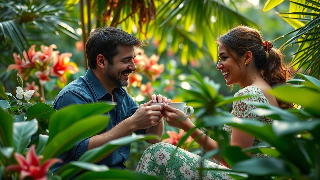 hidden tropical gardens kampala locals, couple sipping tea, secluded garden paths vibrant botanicals