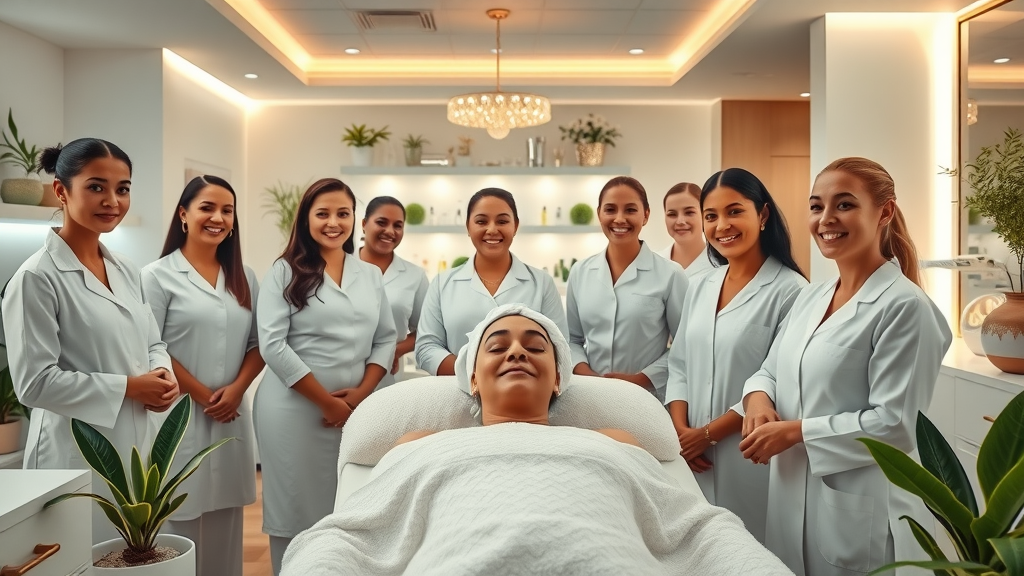 Reputable skin clinic Kampala with smiling clients enjoying facial treatments