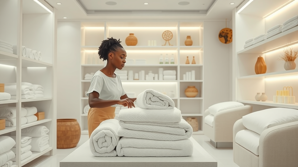 Immaculate spa interior in Kampala, staff organizing towels with spotless modern surroundings