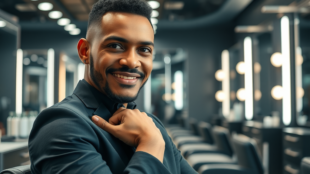 stylish male client at Kampala unisex beauty salon, grooming service, relaxed and self-assured, contemporary interior