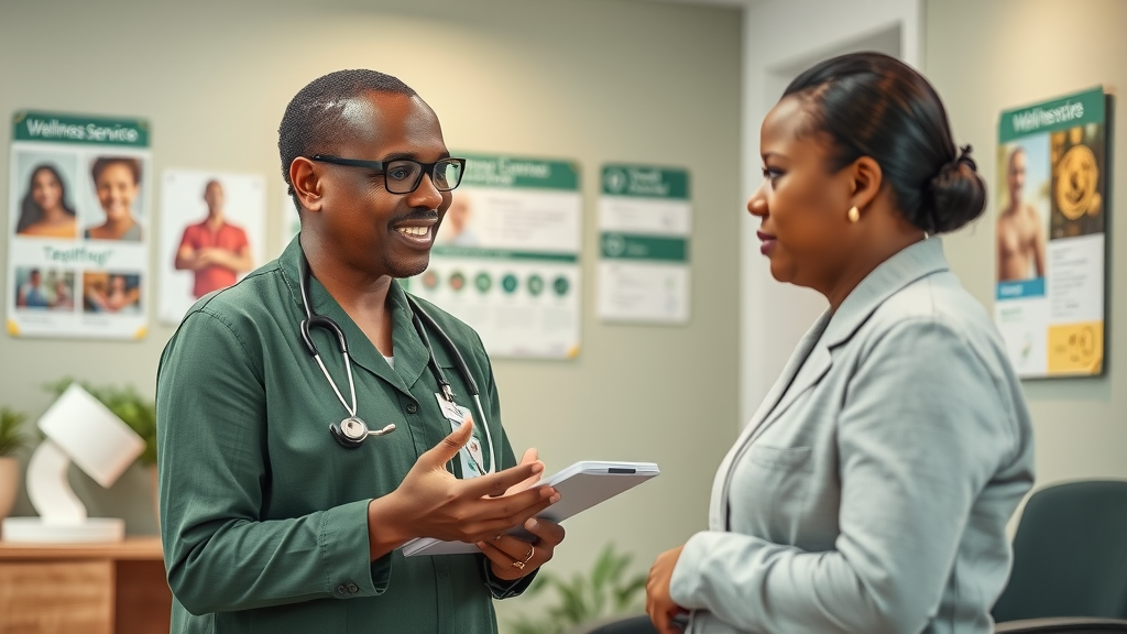 Helpful health and wellness specialist in Kampala, consulting with resident, health and wellness kampala, wellness center reception, informative environment, approachable professional