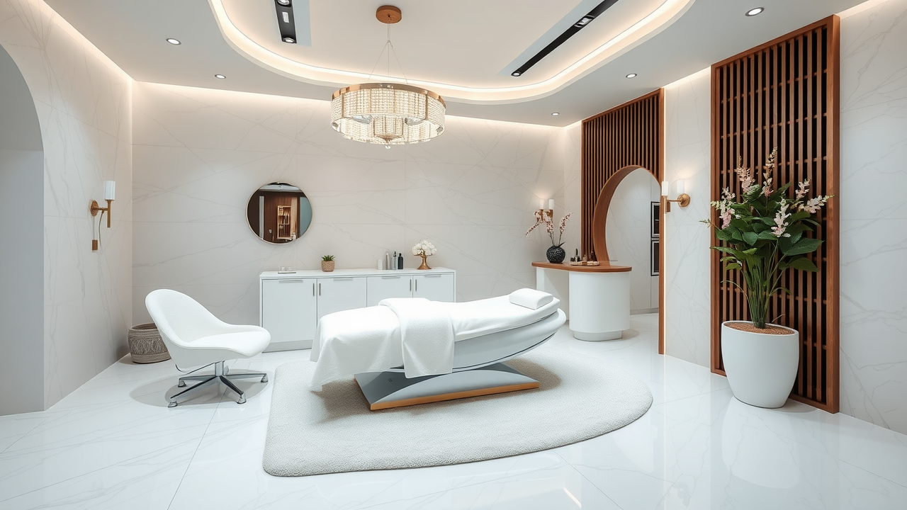essence spa lounge facial treatment close up with esthetician applying mask, glowing skin, candles and linens