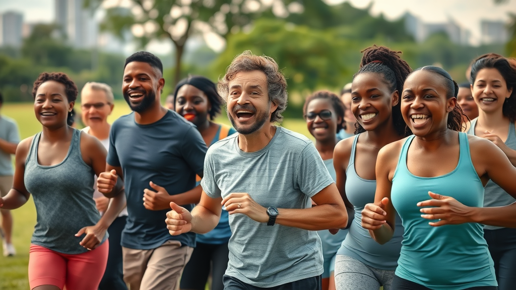 Vibrant group of diverse adults and families in Kampala, joyful expressions, engaging in outdoor fitness activities together, health and wellness kampala, lush park with city skyline, naturally posed