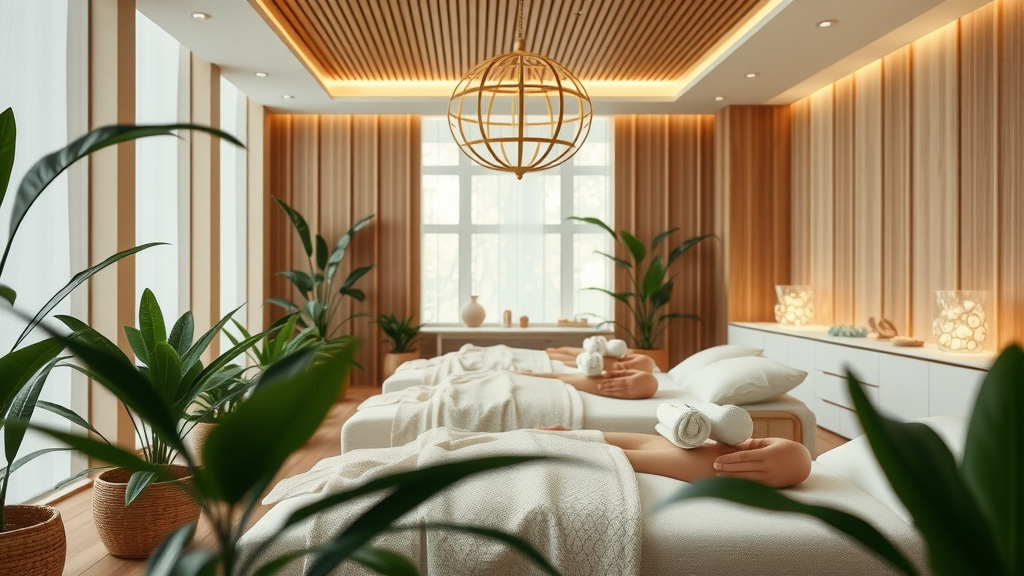 Serene modern day spa interior in Kampala, tranquil atmosphere, lush plants and natural wood finishes, day spa services kampala