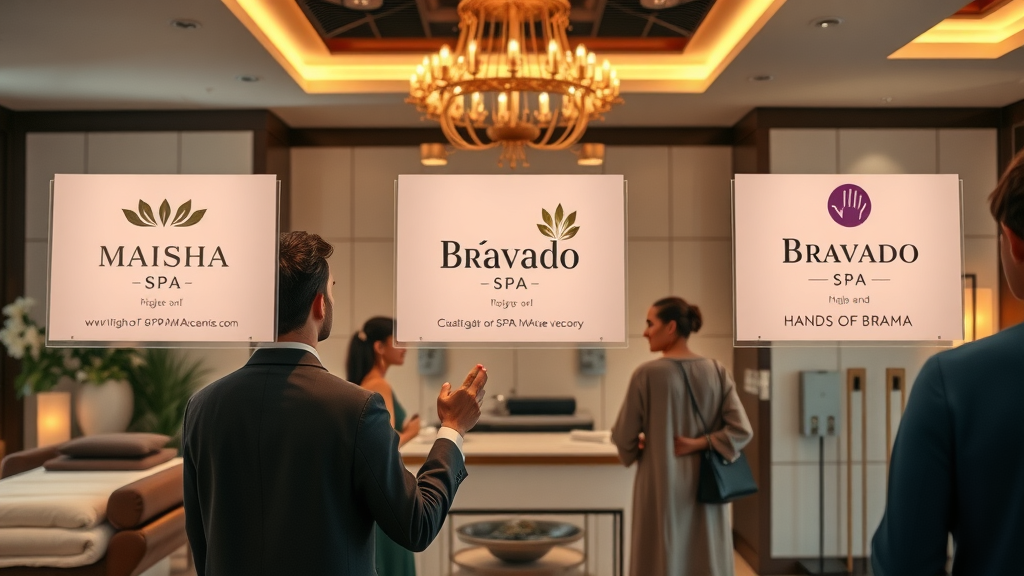 Comparison of leading day spa services in Kampala, branded signs for Maisha Spa, Bravado Spa, Hands of Brama, day spa services kampala