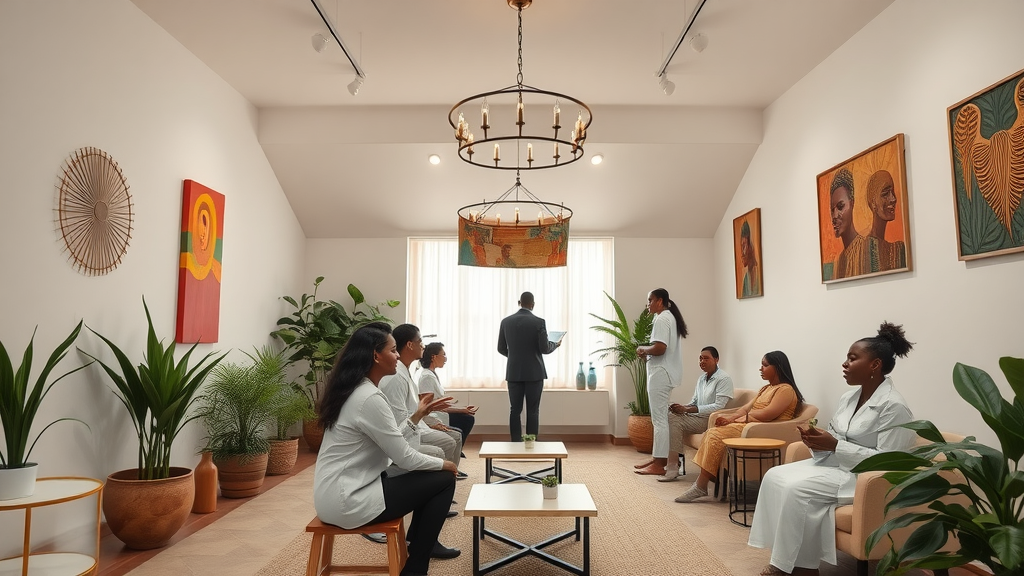 Modern wellness center interior in Kampala, wellness center, people and professionals engaging, vibrant African art, calming decor, holistic wellbeing
