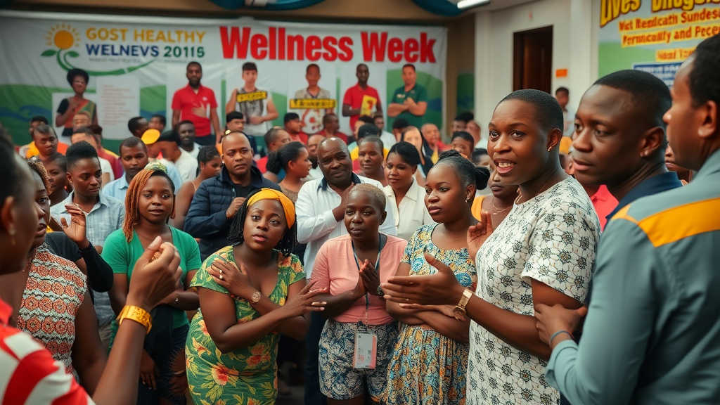 Wellness week event in Kampala, interactive seminar, community engagement, wellness week, festive indoor setting, dynamic interactions, healthy living