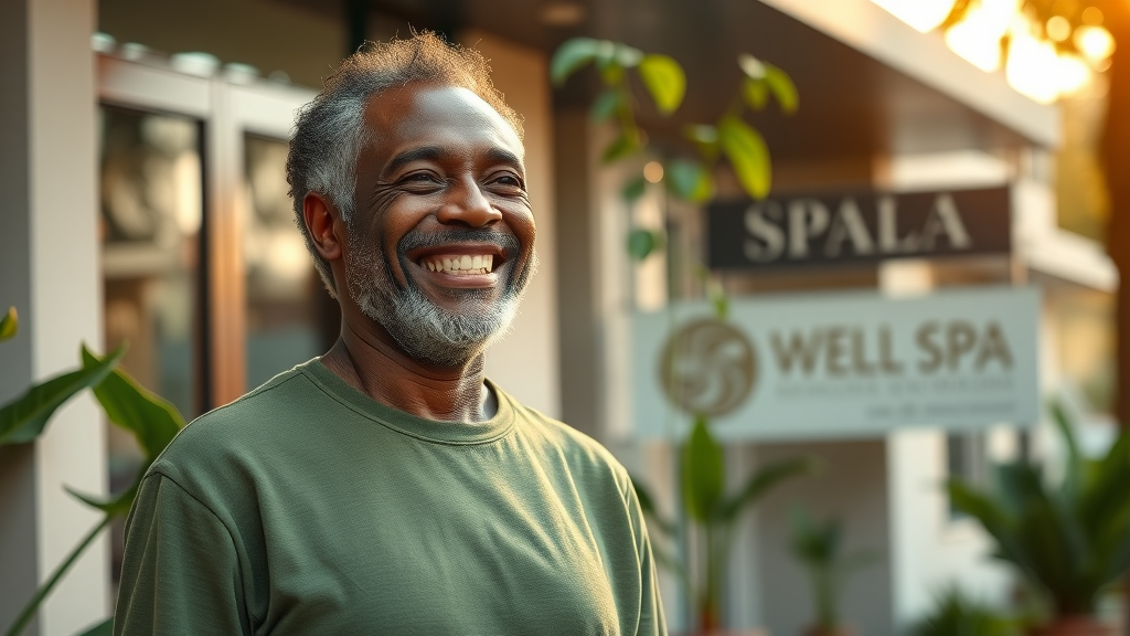 joyful adult client relieved after massage therapy kampala standing outside spa